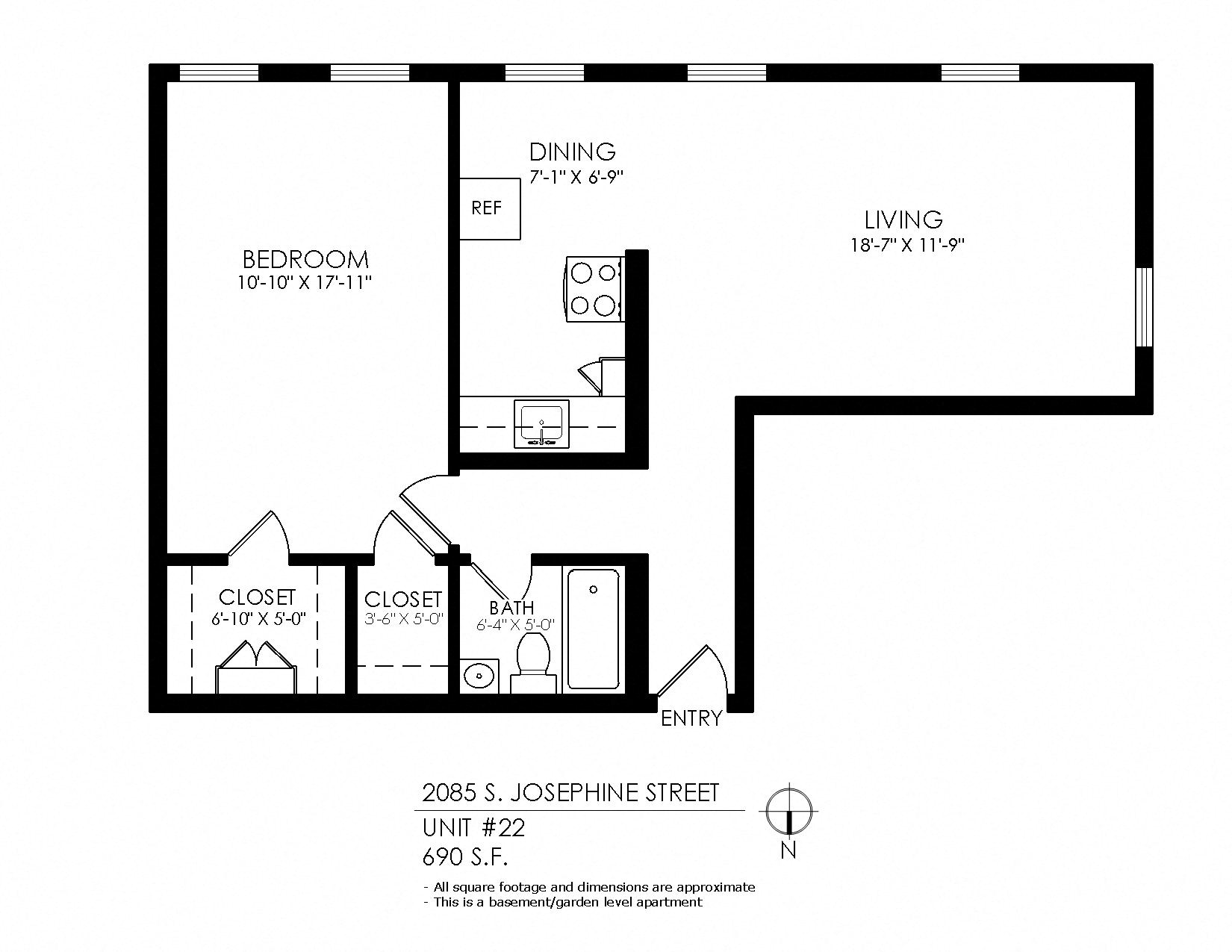 Floor plan for 1 bed, 1 bath, 690 sqft